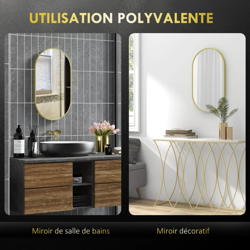 HOMCOM Oval wall mirror aluminum frame minimalist style vertical or horizontal mounting with 3 hooks 40 x 70 cm gold