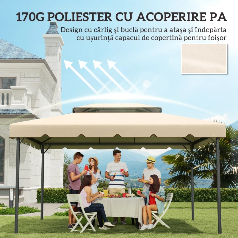 Outsunny Acoperiș de Schimb pentru Pavilion 3x3 m cu 2 Nivele pentru Grădină, Copertină Pavilion 3x3 Rezistentă la Apă din Poliester 170g/㎡ cu 8 Orificii de Drenaj, Doar Acoperiș, Alb Crem