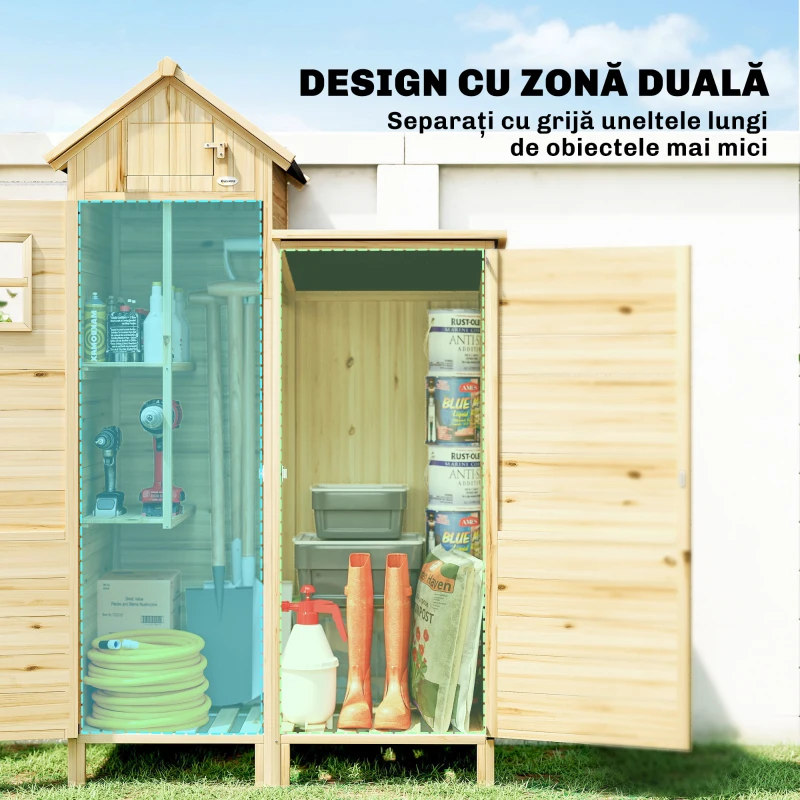 Outsunny Magazie de Grădină cu 2 Zone, Rafturi Reglabile și Fereastră, din Lemn de Brad, 106x57x167 cm, Culoare Lemn