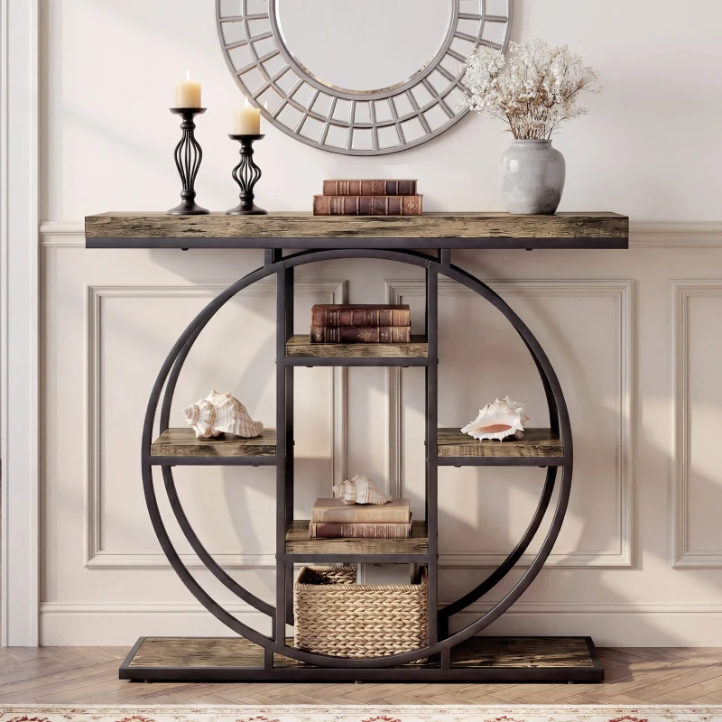 HOMCOM Industrial Console Table with Storage Shelves - Rustic Brown
