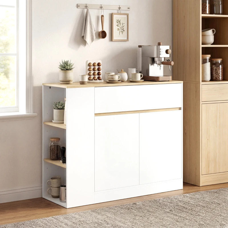 HOMCOM Sideboard, großes Schrankfach, 3 Ablagefächer, Schublade, 105 x 30 x 81,5cm, Weiß/Holz(m-7)