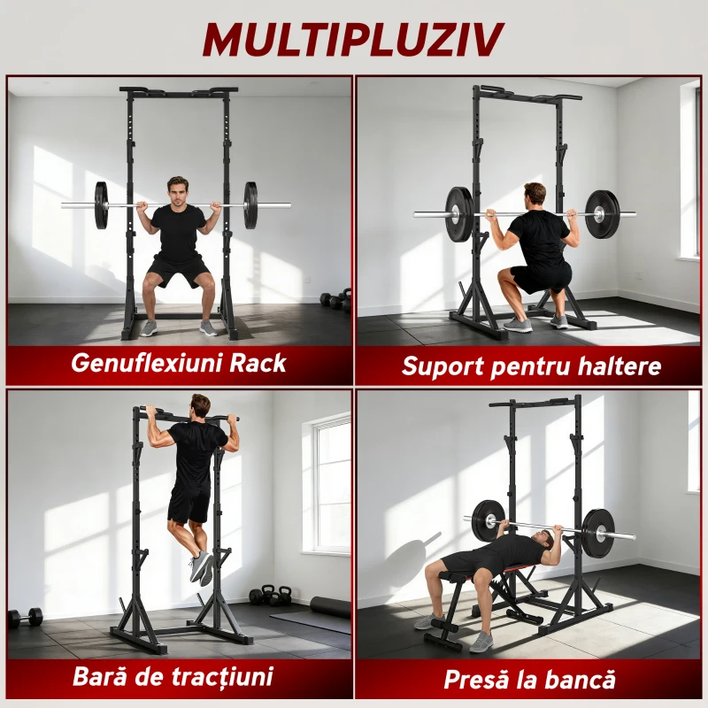 SPORTNOW Suport pentru Genuflexiuni Reglabil pe Înălțime, Suport Dublu pentru Haltere cu Spațiu Depozitare și Bară Tracțiuni, Rack Multifuncțional pentru Antrenamente Acasă sau Birou, Max 200 kg, Negru