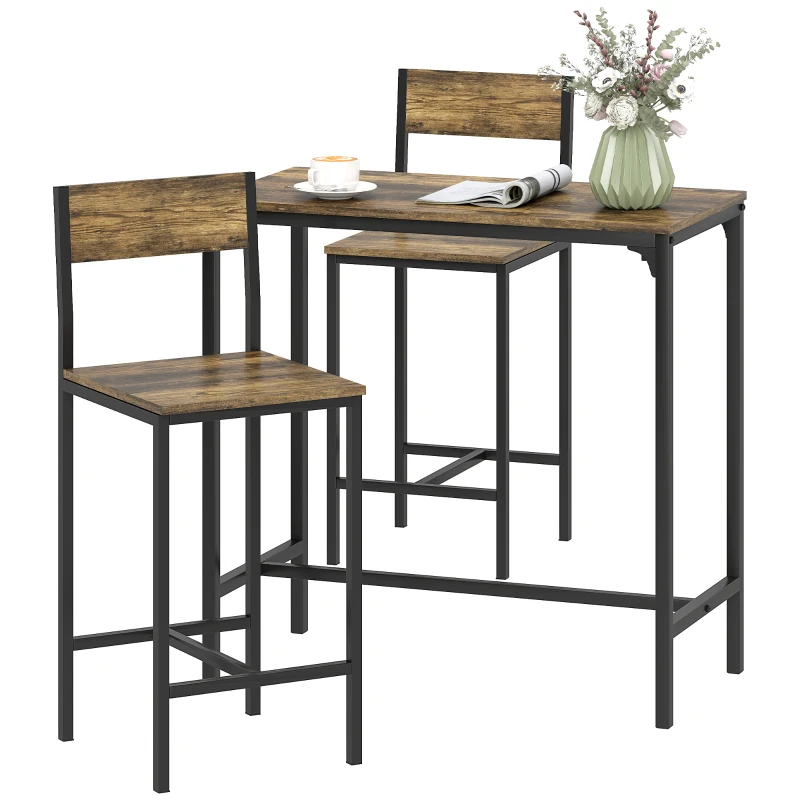 HOMCOM 3-Piece Bar Table Set with 2 Stools, Industrial Breakfast Bar Set with Footrest, Backrest for Dining Room, Small Space