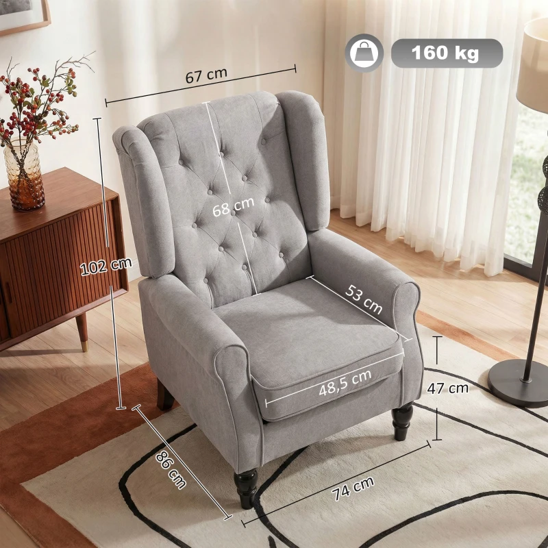 HOMCOM Fauteuil de salon capitonné avec assise large, pieds en bois, style classique, grand confort, 74 x 86 x 102 cm, gris(m-3)