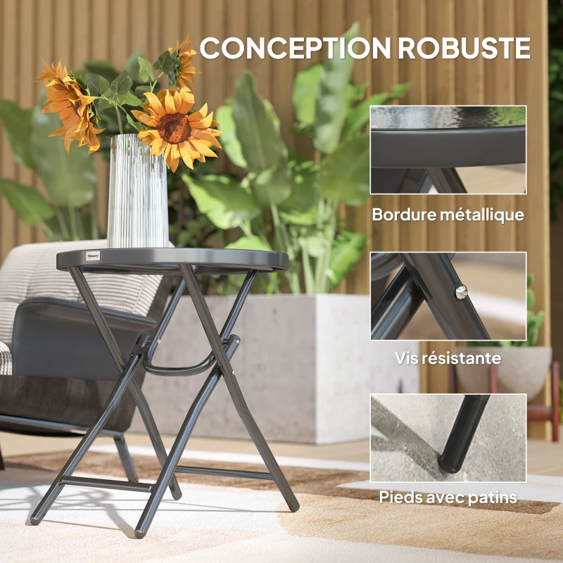 Outsunny Round bistro garden coffee table Ø 60 x 50H cm foldable black metal tempered glass top black