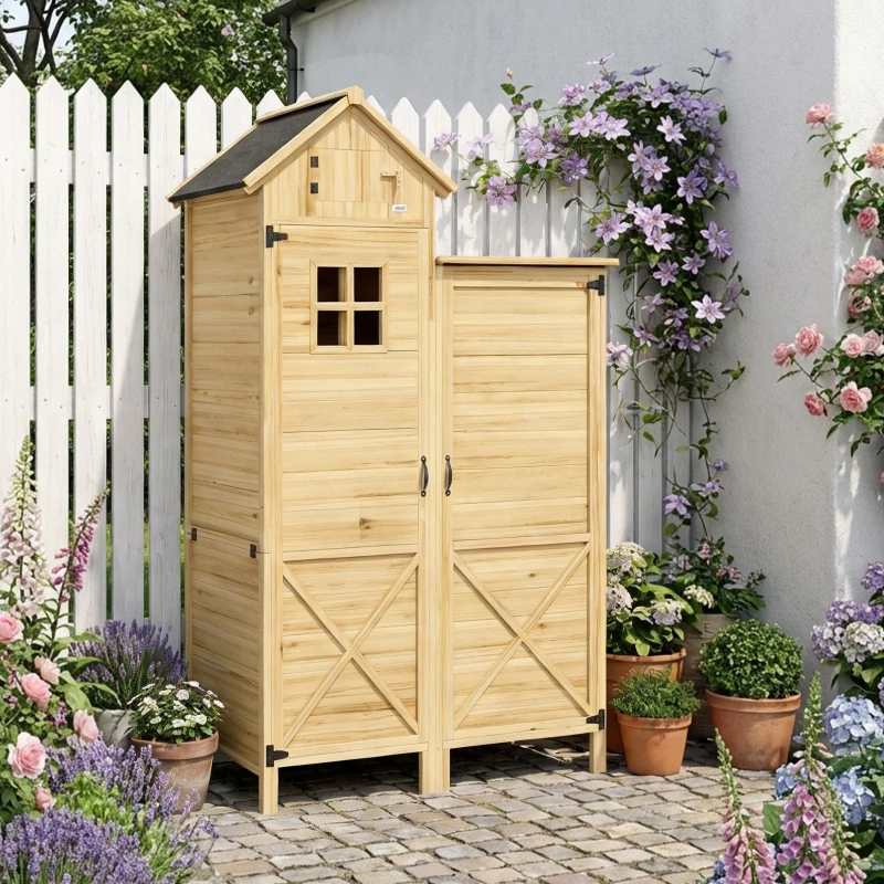 Outsunny Magazie de Grădină cu 2 Zone, Rafturi Reglabile și Fereastră, din Lemn de Brad, 106x57x167 cm, Culoare Lemn