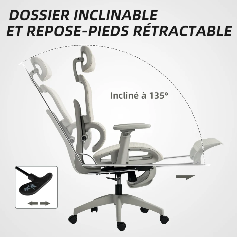 HOMCOM Chaise de bureau ergonomique en maille, fauteuil de bureau inclinable, accoudoirs 3D, appui-tête réglable, beige