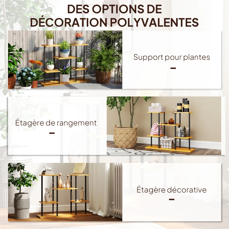 Outsunny Indoor Plant Stand 6-Tier Plant Shelf Steel Frame Solid Wood Base 80 x 24 x 61.5 cm Natural Wood