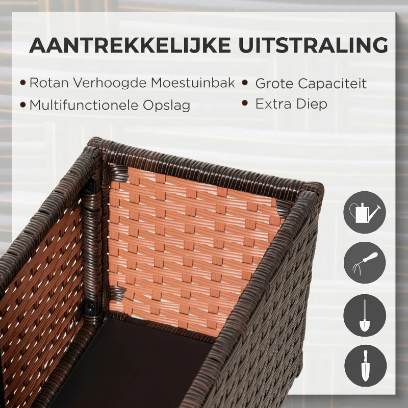 Outsunny polyrattan verhoogd bed met wielen plantenbak met afvoergaten plantenbak bloembak koffie bruin 94,5 x 31 x 36 cm