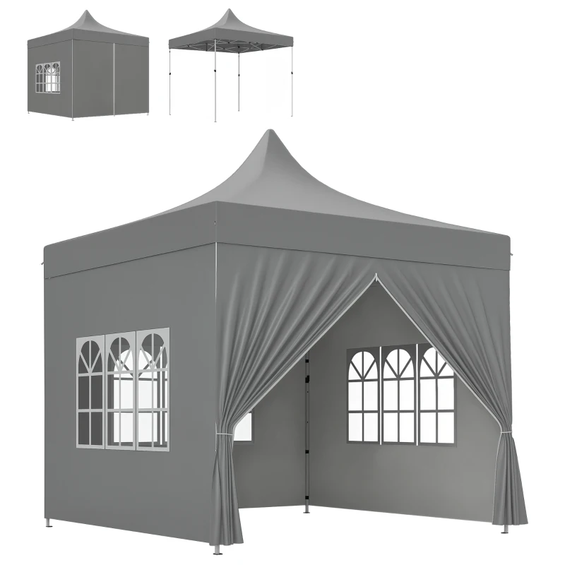 Outsunny Garden canopy folding tent 3 x 3 m 4 removable sidewalls 3 windows adjustable height carry bag gray
