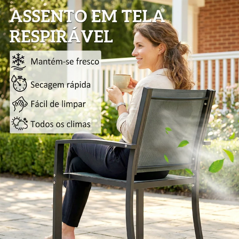 Outsunny Conjunto de Mesa e Cadeiras com 3 peças Conjunto de Jardim 2 Cadeiras de Textilene e Mesa de Vidro  Cinza Claro