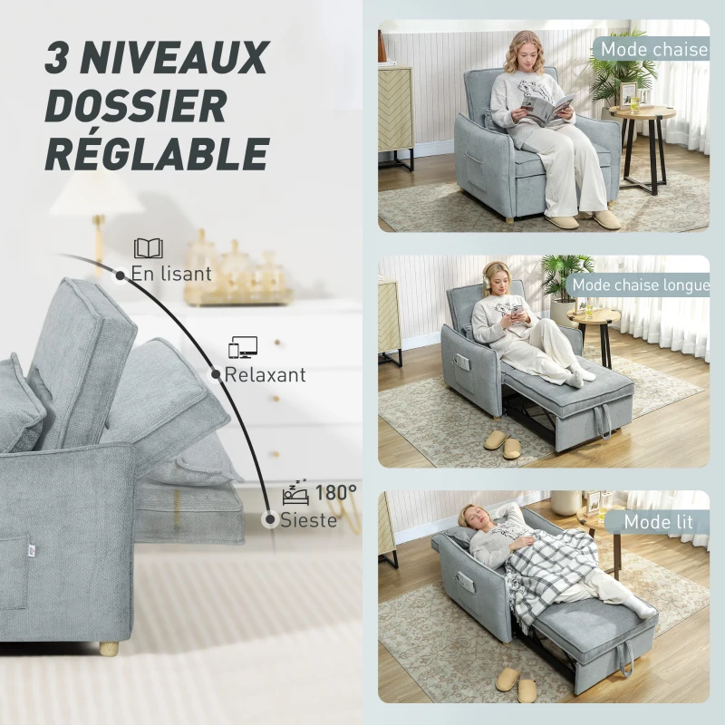 HOMCOM Fauteuil convertible 1 place 3 en 1, fauteuil-lit clic-clac en chenille, assise large dossier réglable, 88x84x87cm, gris