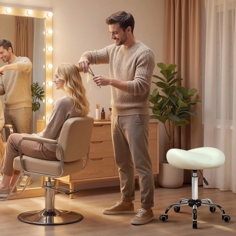 HOMCOM Sattelstuhl, höhenverstellbarer Rollstuhl mit PU-Leder für Massage, Spa, Klinik, Beauty und Tattoo, Cremeweiß