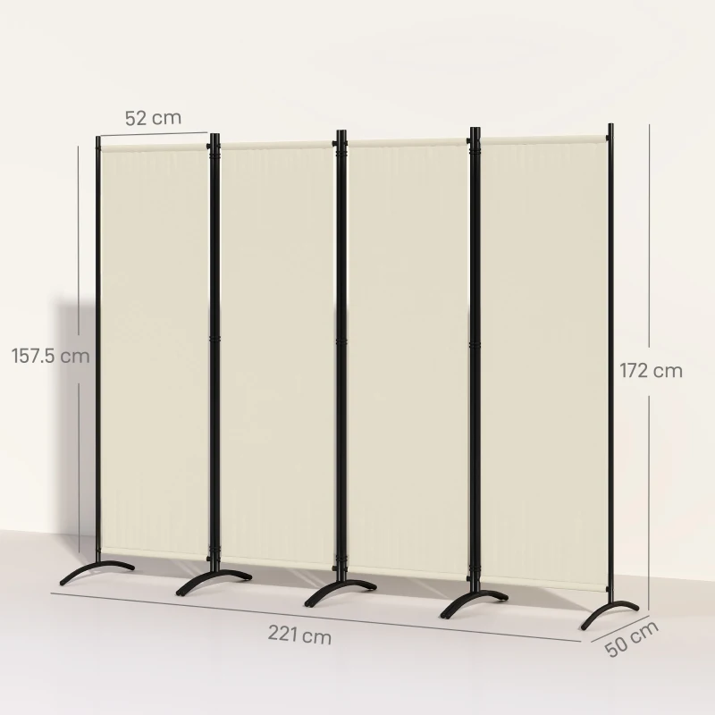 Outsunny Room Divider 221 x 172 cm, 4-panel garden screen with wide feet, 180 g/m² polyester fabric, cream