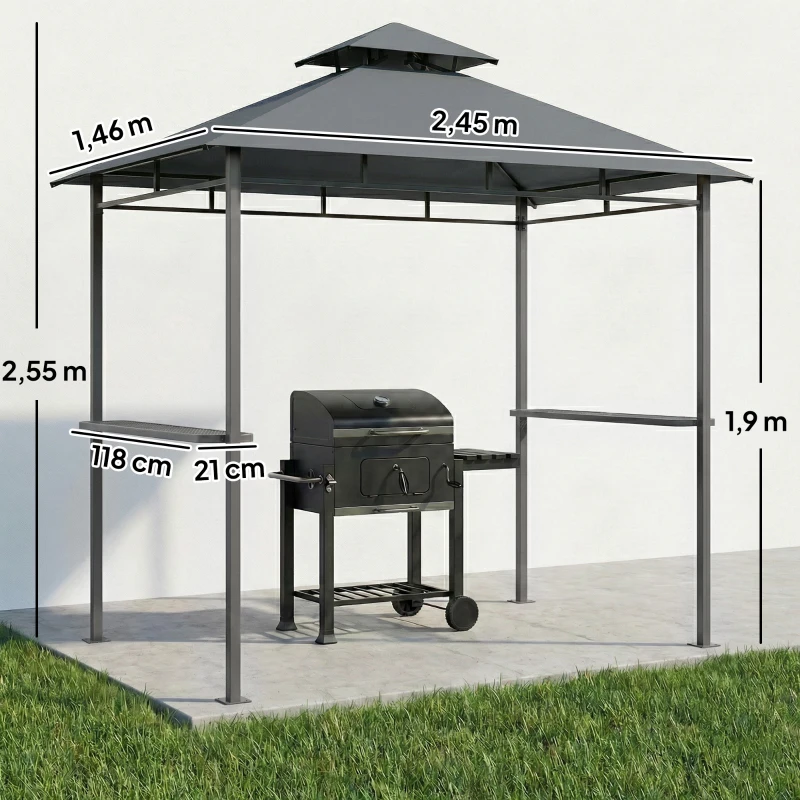 Outsunny Grillpavillon 2,4 x 1,4 m, Windfest Grillüberdachung mit Doppeldach Lüftungsöffnung Seitenregalen
