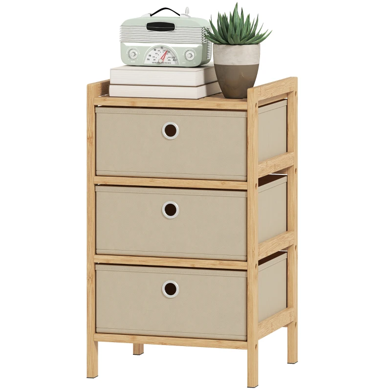 HOMCOM Chest of Drawers, 3 Fabric Drawers Narrow Dresser with Bamboo Frame, Cream White
