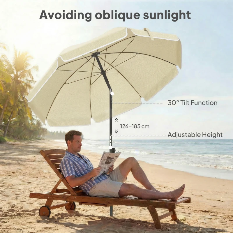 Outsunny Parasol plażowy Ø150 cm wodoodporny składany parasol z regulacją kąta nachylenia, torba do przenoszenia, kotwa do piasku, beżowy