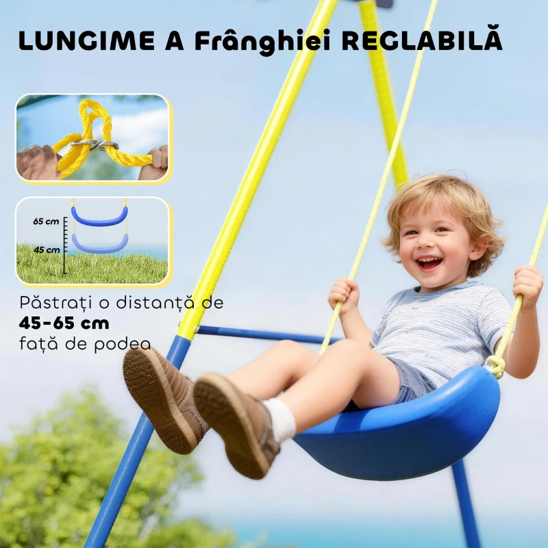 AIYAPLAY Set de Leagăne 4-în-1 pentru Copii, cu 2 Leagăne, Coș de Baschet, Poartă de Fotbal, Cadru din Oțel în Formă de A, Capacitate 150 kg, pentru Exterior, 3-8 Ani, 288x160x220 cm