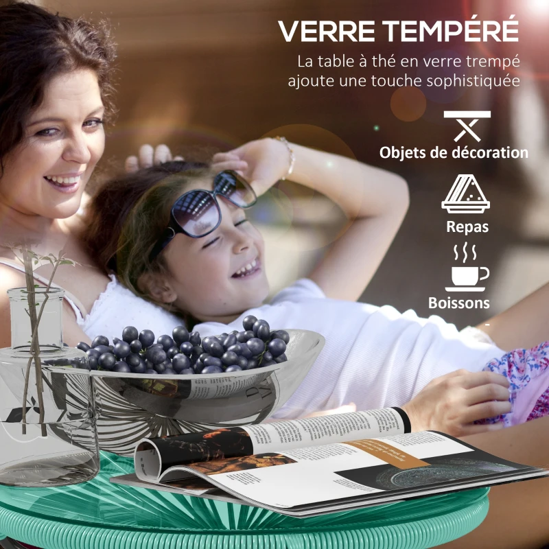 Outsunny Round garden coffee table in rattan-effect resin with metal frame and tempered glass top Ø 50 x 50H cm