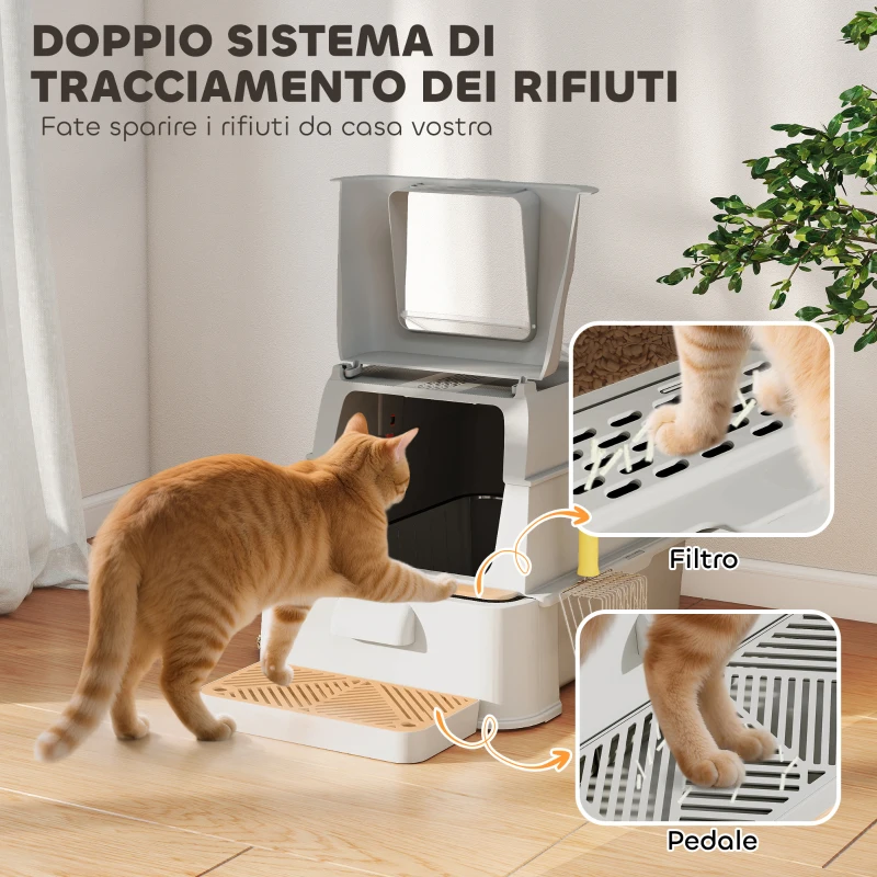 PawHut Lettiera per Gatti Chiusa da 80L con Vassoio Estraibile, in ABS e Acciaio Inox, 63x43x43 cm, Grigio Chiaro