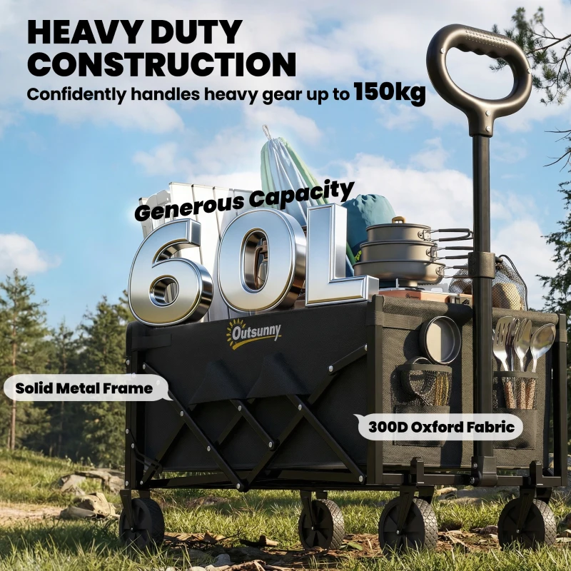 Outsunny Wózek ręczny 60L składany wózek ogrodowy transportowy z teleskopowym uchwytem, tylną klapą, uchwytami na napoje