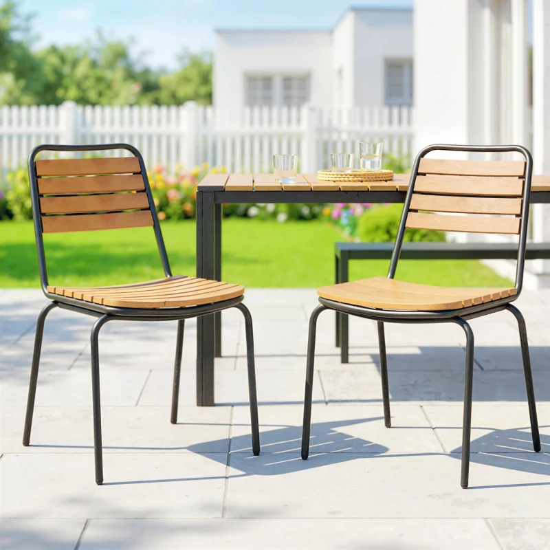 Outsunny Silla de jardín 2 unidades resistente a la intemperie Sillas de jardín de acero y madera apilable con respaldo hasta 160 kg Madera natural