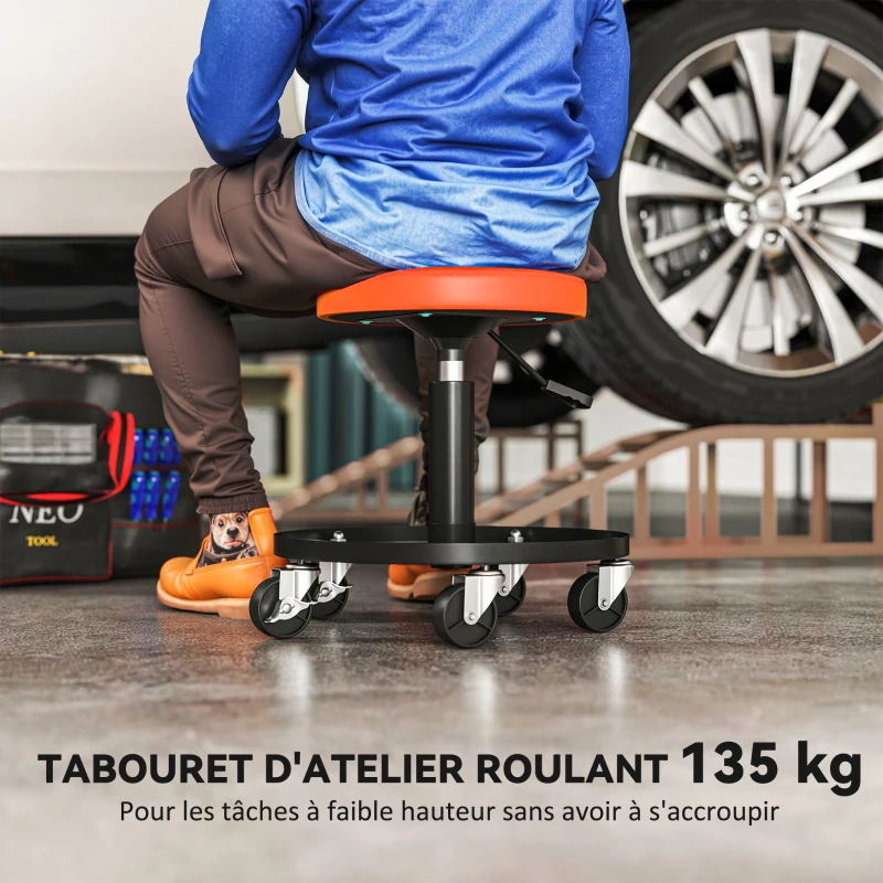 HOMCOM Workshop Stool with 5 360° Swivel Casters, Adjustable Height 38-50 cm, with Tray, 38 x 38 x 38-50 cm, Orange