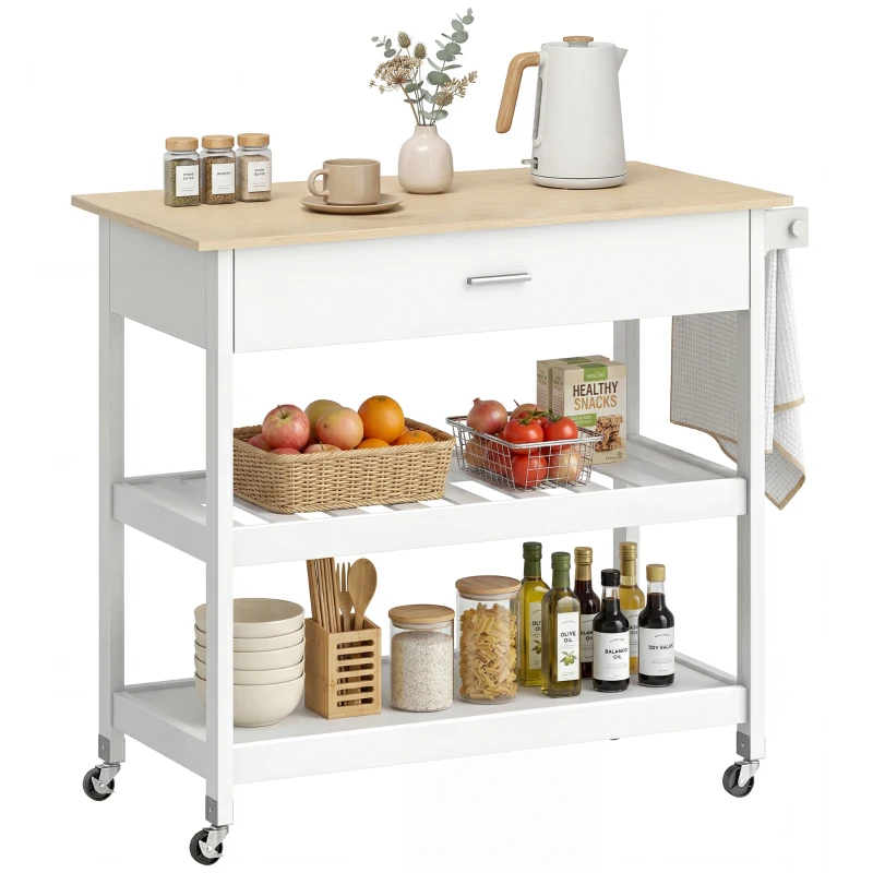 HOMCOM Carrito de cocina con almacenamiento, isla de cocina móvil con amplia encimera, cajón, 2 estantes abiertos, portatoallas, Blanco