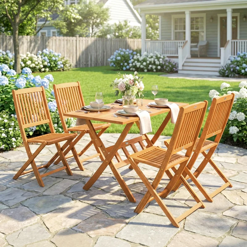Outsunny Ensemble de jardin en bois FSC 5 pièces pliable Table avec 4 chaises pliantes Design à lames