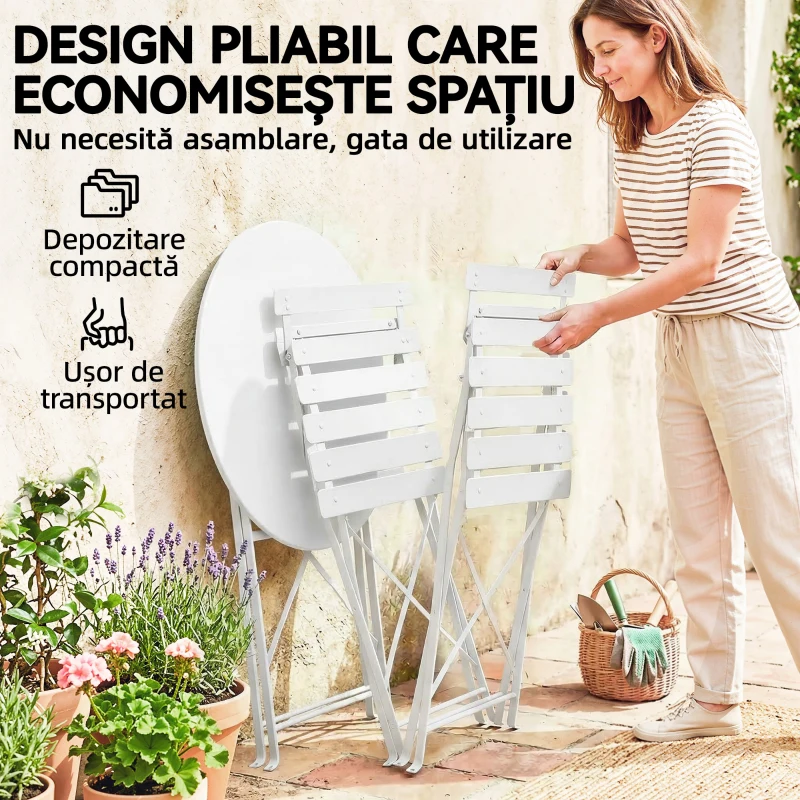 Outsunny Set Bistro Pliabil pentru Exterior cu Masă și 2 Scaune, Alb