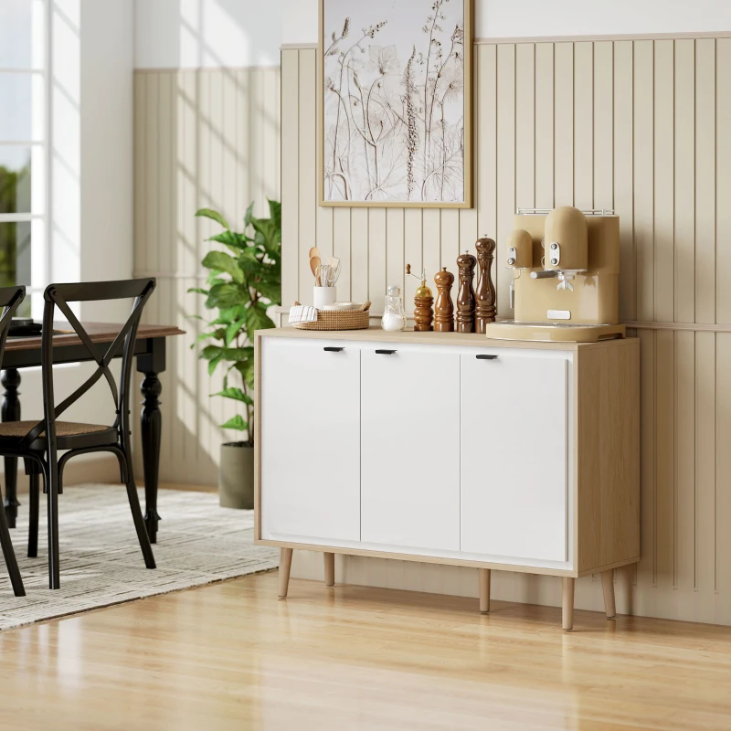 HOMCOM Buffet à haute brillance, meuble de rangement avec 3 portes, étagères réglables, 107 x 35 x 77 cm, blanc et chêne