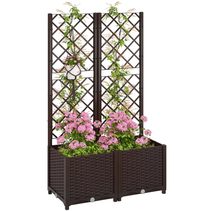 Outsunny Planter with Trellis Raised Garden Bed Outdoor Planter with 6 Drainage Holes 80 x 40 x 135 cm brown