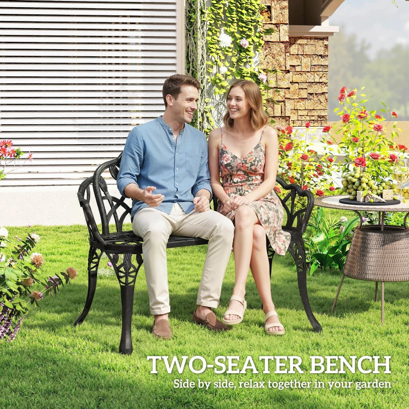 Outsunny Ławka ogrodowa 2-osobowa z odlewanego aluminium, odporna na warunki atmosferyczne, z oparciem w kształcie tulipanów i motywem kwiatowym, 99 x 57 x 78 cm