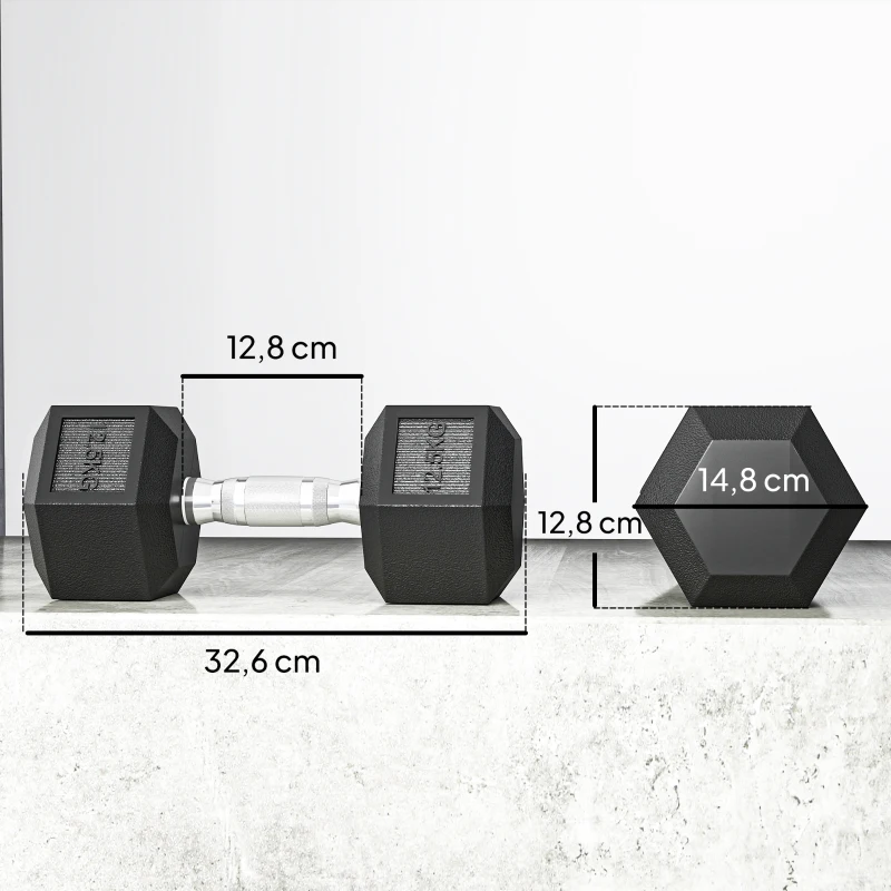 HOMCOM Set de Mancuernas para Gimnasio 2x12.5 kg Hexagonales, Pesas para Gimnasio con Agarre Estriado Antideslizante, Negro
