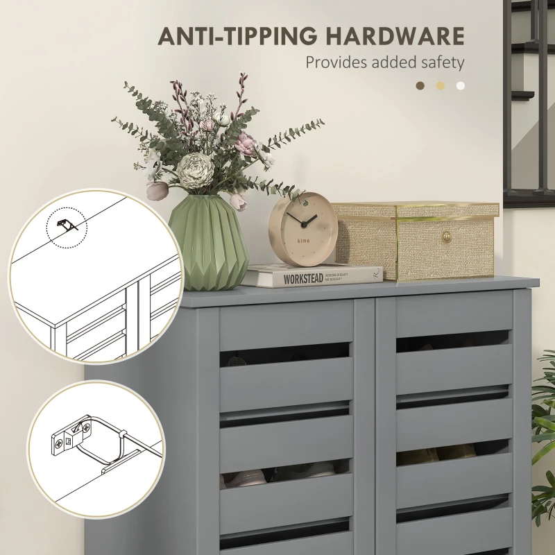 HOMCOM Narrow Shoe Cabinet for Entryway, 5-Tier Slim Shoe Storage Cabinet with 2 Slatted Doors and Adjustable Shelves Grey