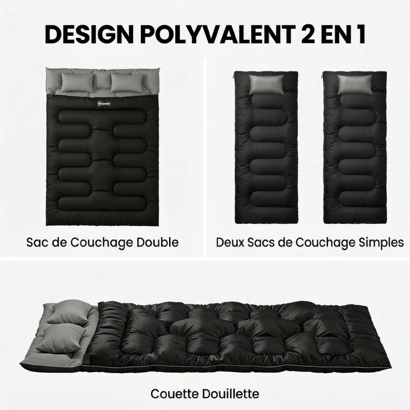 Outsunny Sac de Couchage Double, Modulable en 2 Sacs pour 2 Personnes, 2 Oreillers, Section Tête, 400 g/m², 220x160x10cm, Noir