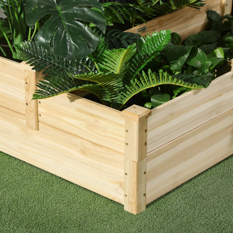 Outsunny Wooden Raised Garden Bed Outdoor Stepped Planter 3 Levels Open-Bottom Design 108 x 88 x 36 cm Natural Wood