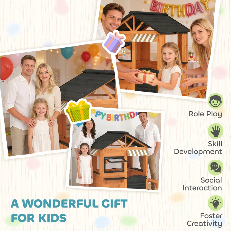 AIYAPLAY Drewniany domek dla dzieci z kuchnią, ławką, okienkami i drzwiami dla dzieci w wieku 3-8 lat, 171,5 x 146 x 156 cm, brązowy