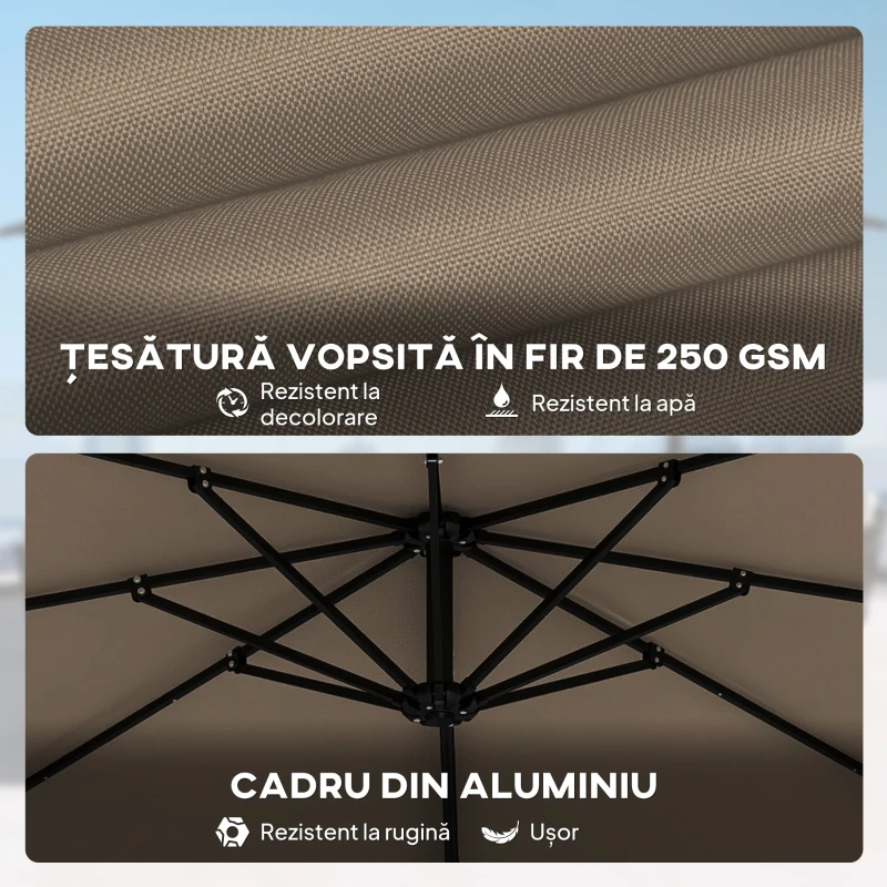 Outsunny Umbrelă de Grădină 3x3m Decentralizată cu Bază în Formă de Cruce și Acoperiș, din Aluminiu, Kaki