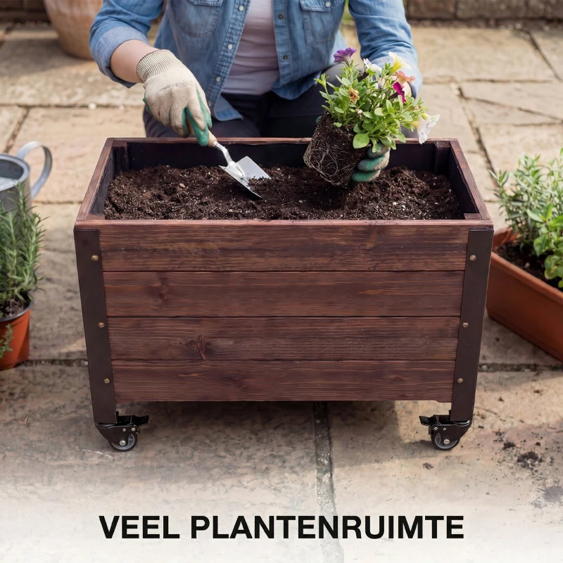 Outsunny Houten hoogbed, plantenbak met wielen, mobiel tuinbak 60 x 30 x 41 cm voor tuin en balkon