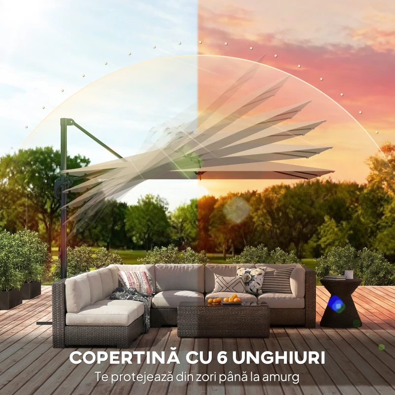 Outsunny Umbrelă de Grădină 3x3m Decentralizată cu Bază în Formă de Cruce și Acoperiș, din Aluminiu, Kaki