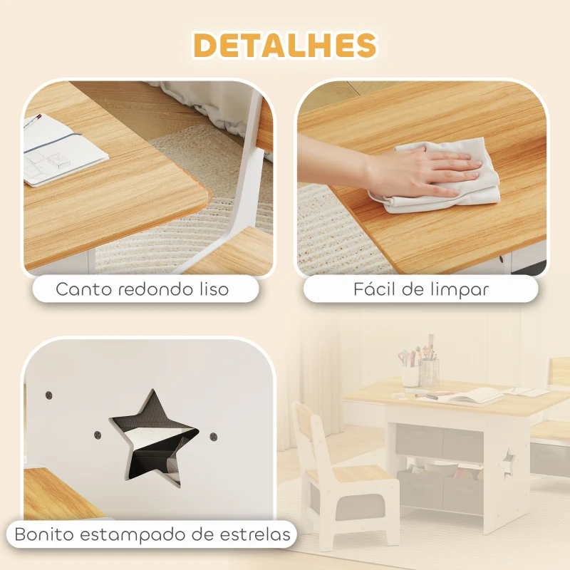 AIYAPLAY Mesa Infantil com 2 Cadeiras Mesa e Cadeiras para Crianças com 6 Gavetas de Tecido Desenho Estrelas Madeira e Branco