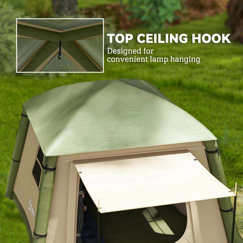 Outsunny Inflatable Camping Tent w/ Hand Pump, Easy Setup 1/2 Person Blow Up Tent Waterproof 190T Taffeta w/ Mesh Windows, Doors and Carry Bag, Brown