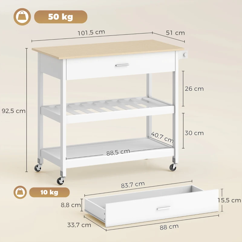 HOMCOM Carrinho de cozinha com armazenamento, ilha de cozinha móvel com ampla bancada, gaveta, 2 prateleiras abertas, suporte para toalhas, Branco