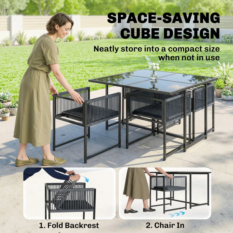 Outsunny 5 Pieces Garden Dining Set, Outdoor Patio Cube Set, 4 Seater Outdoor Table and Chairs with Foldable Backrest, Dark Grey
