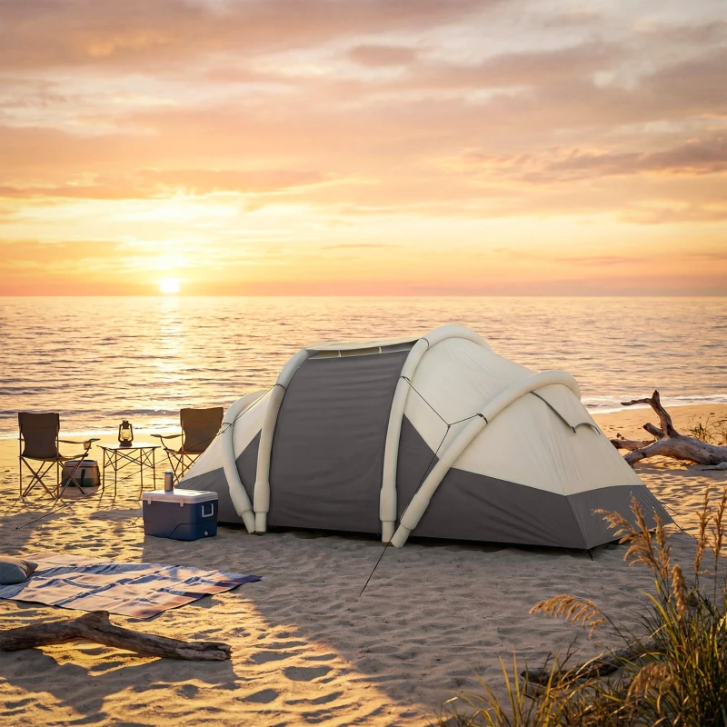 Outsunny Tenda da Campeggio Gonfiabile e Impermeabile per 2-4 Persone con Pompa, 2 Camere e Soggiorno, 485x245x188 cm, Marrone Caffè