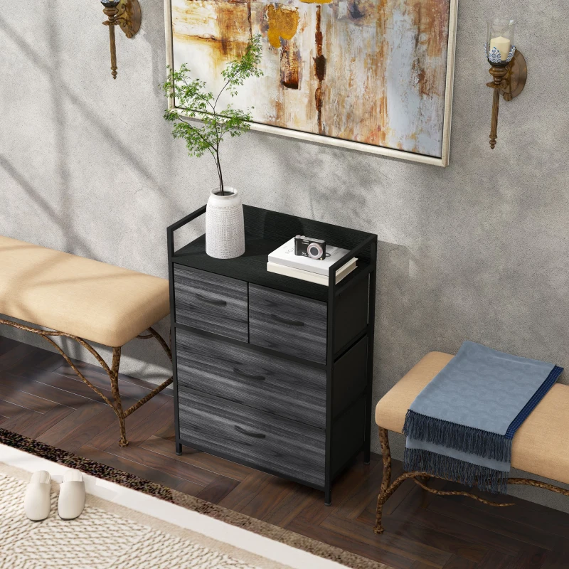 HOMCOM Rustic Chest of Four Fabric Drawers - Black