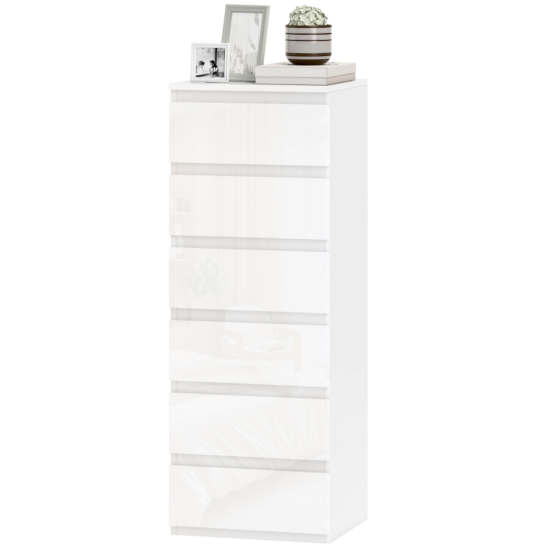 HOMCOM Comodă 6 sertare cu luciu înalt, mobilier de depozitare îngust fără mânere, 40 x 35 x 109 cm, alb