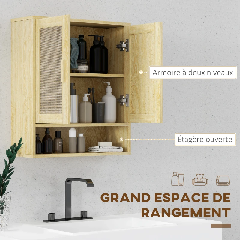 HOMCOM Bathroom Wall Cabinet Wall-Mounted WC Unit with Double Doors and Open Shelf 59 x 20 x 66.5 cm Oak Wood Effect