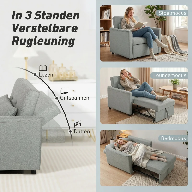 HOMCOM 3-in-1 slaapfauteuil, uitschuifbare sofabed-fauteuil met verstelbare rugleuning, grijs